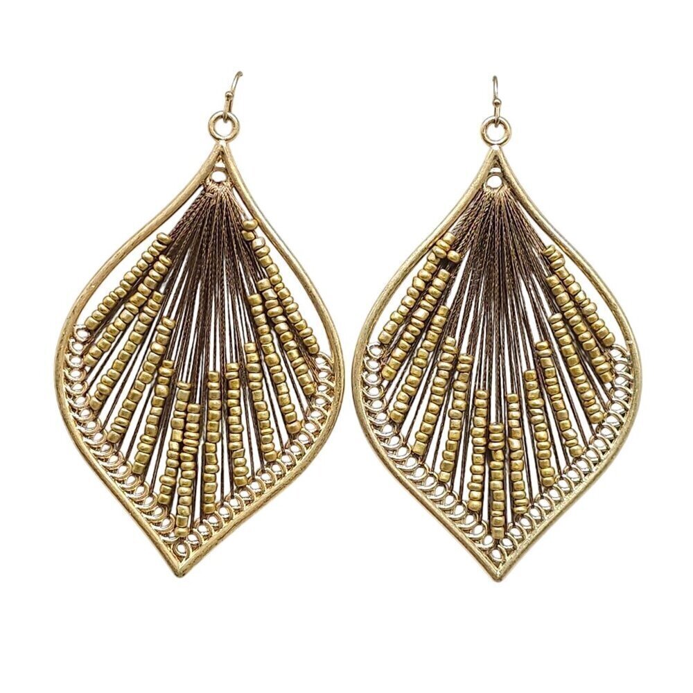 Gold Brown Beaded Teardrop Earrings With Metal Frame Vintage